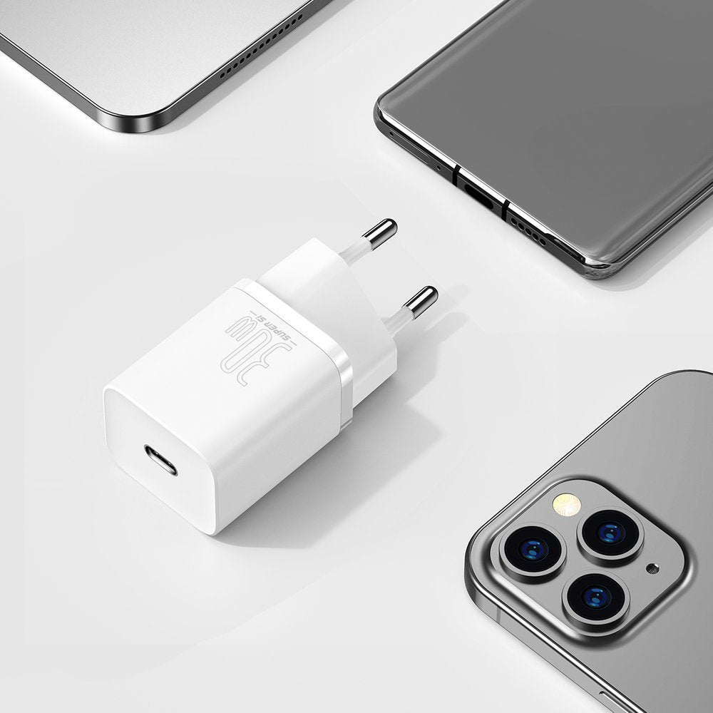 Baseus Super Si nettverkslader 1C, 30W, 3A, 1 x USB-C, hvit CCSUP-J02