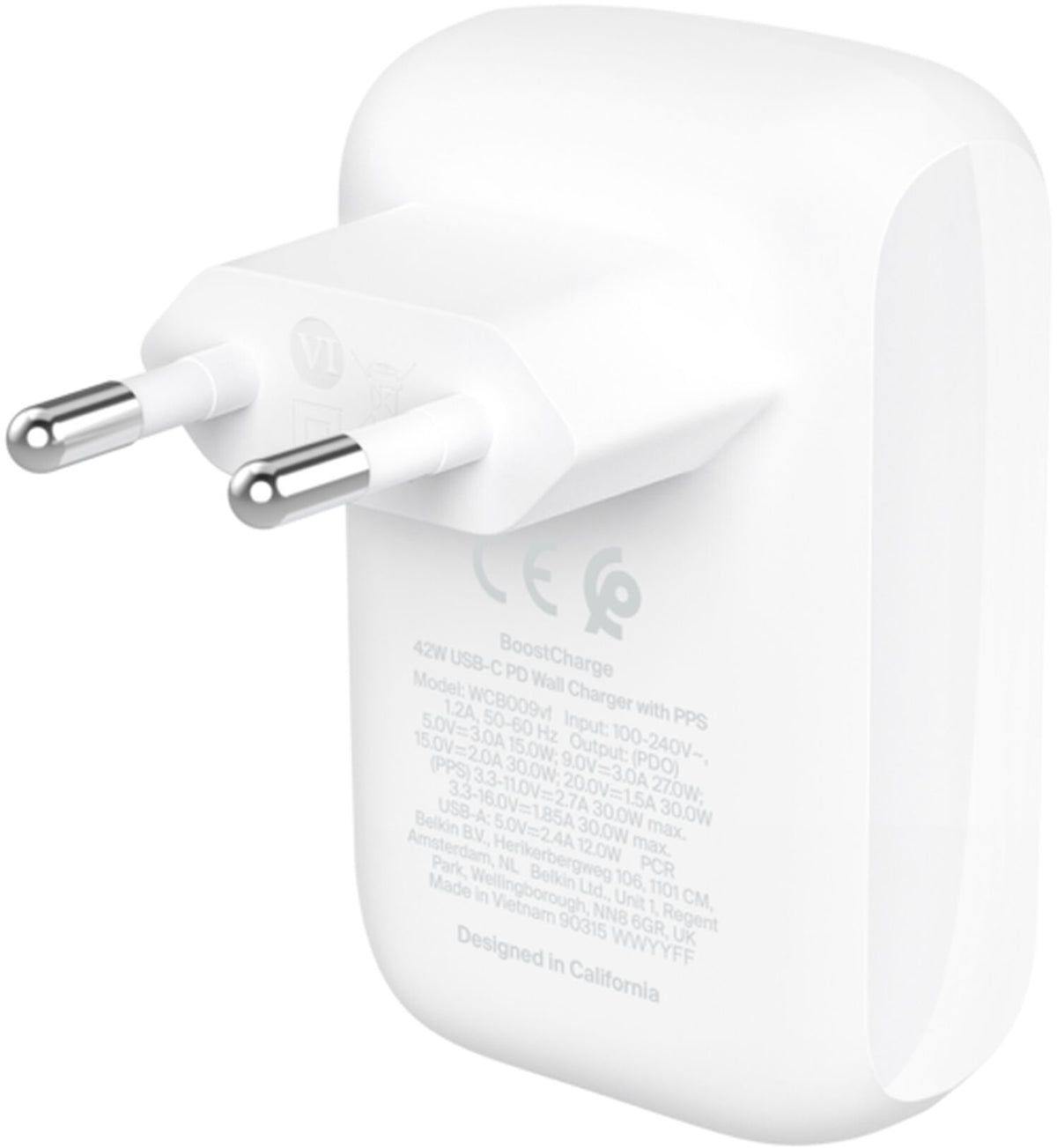 Belkin BoostCharge Dual Nettlader, 42W, 3A, 1 x USB-A - 1 x USB-C, Hvit WCB009vfWH