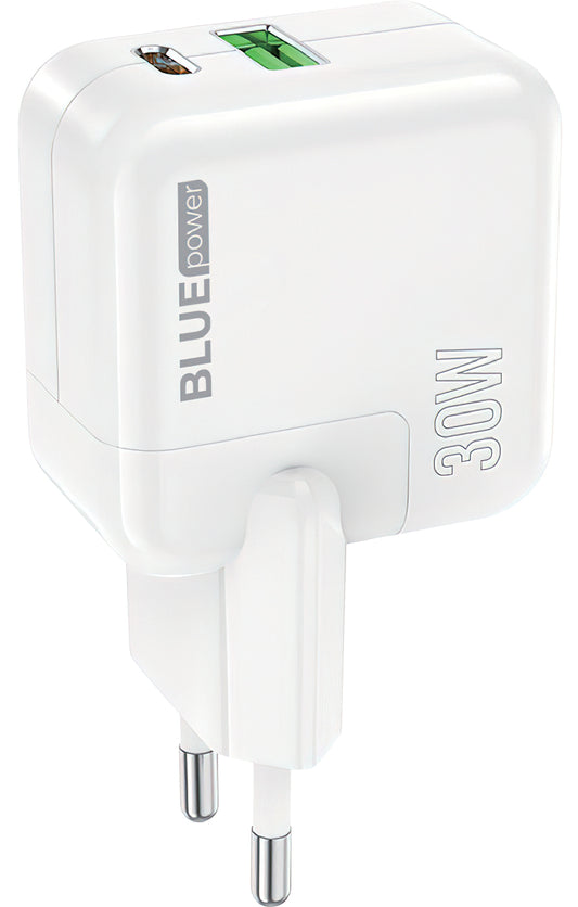 Nettverkslader BLUE Power BC111A, 30W, 3A, 1 x USB-A - 1 x USB-C, hvit