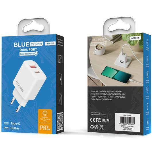 Nettverkslader Blue Power BPCE12, 20W, 3A, 1 x USB-A - 1 x USB-C, hvit