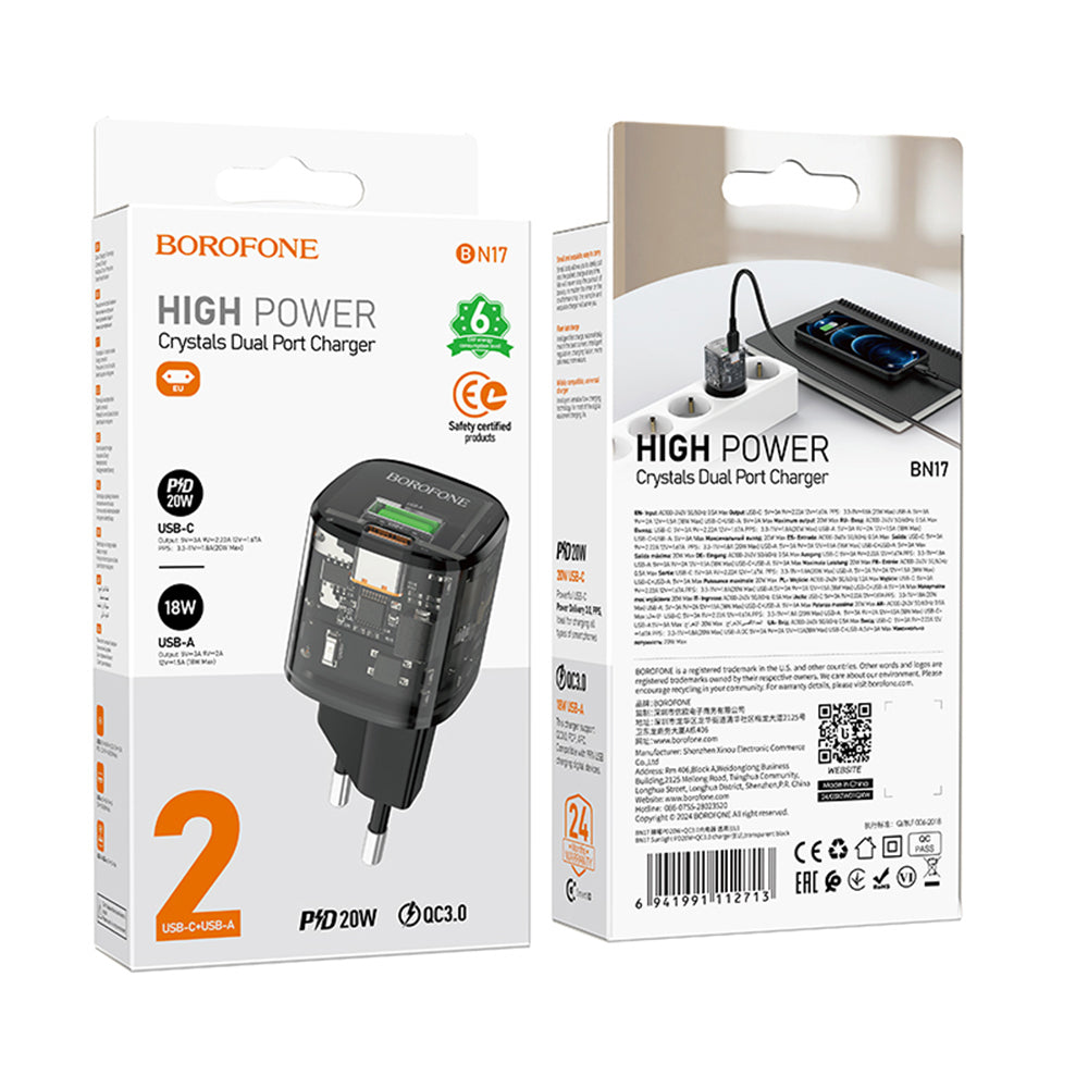 Borofone BN17 Sunlight nettverkslader, 20W, 3A, 1 x USB-A - 1 x USB-C, Svart