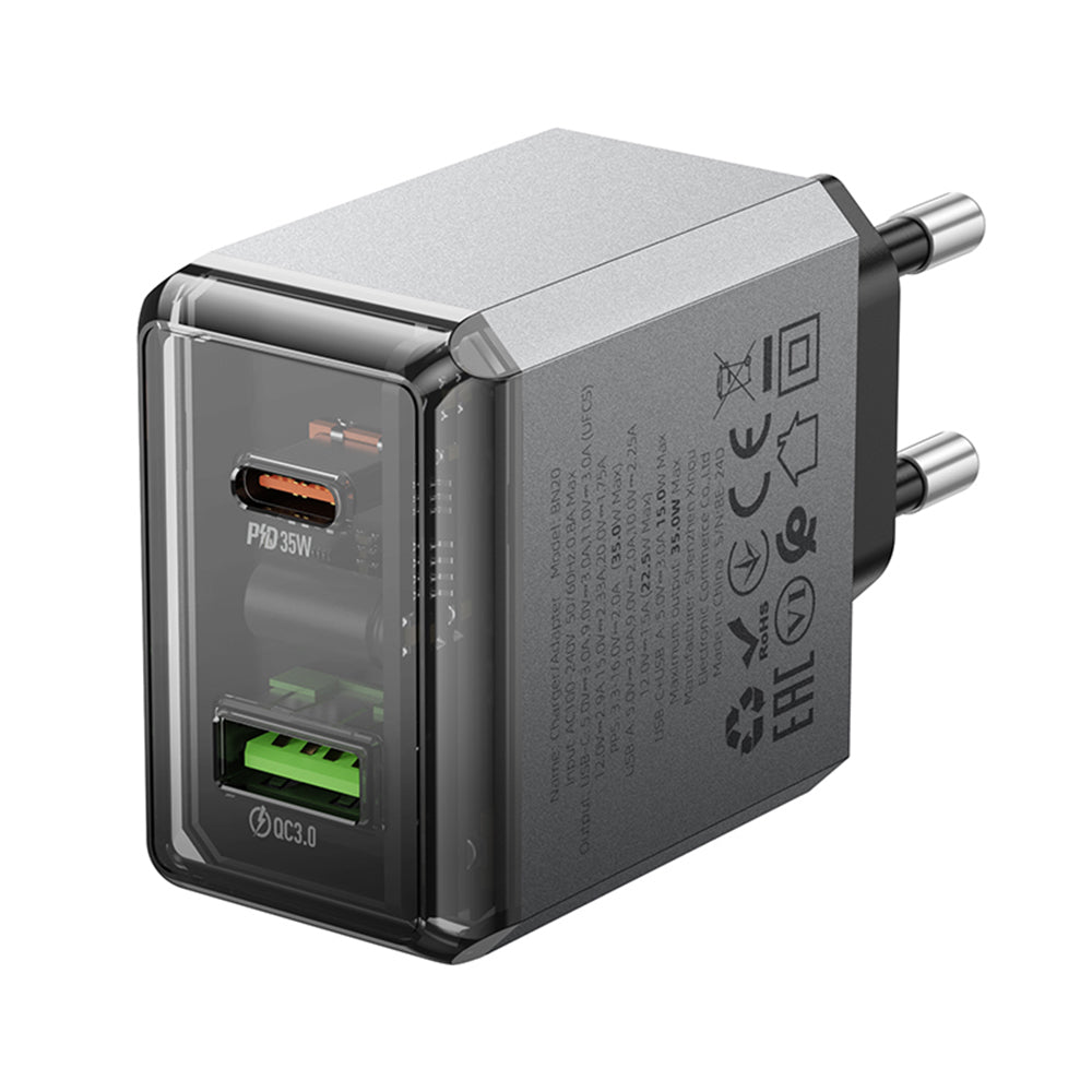 Nettlader Borofone BN20 Lena, 35W, 3A, 1 x USB-A - 1 x USB-C, Grå