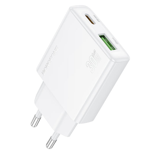 Nettverkslader Borofone BN25 Wish, 30W, 3A, 1 x USB-A - 1 x USB-C, hvit