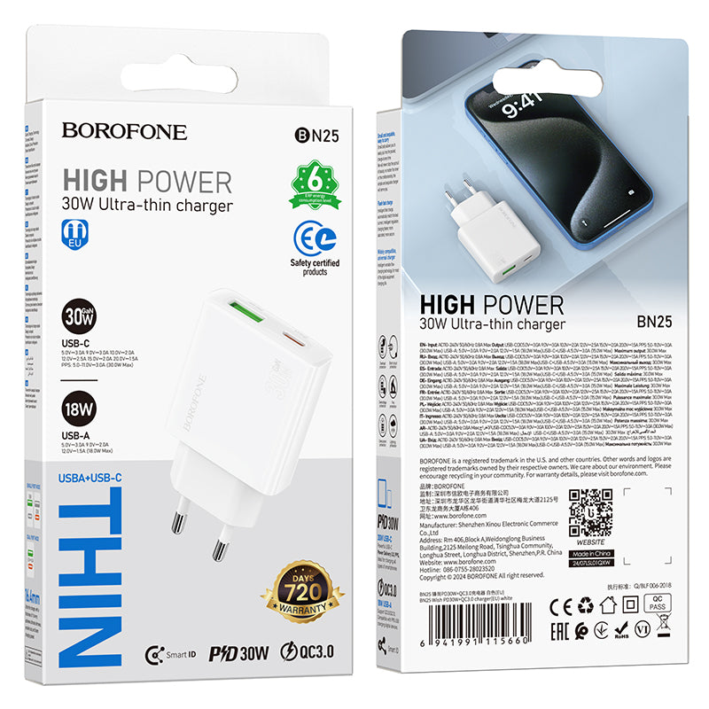 Nettverkslader Borofone BN25 Wish, 30W, 3A, 1 x USB-A - 1 x USB-C, hvit