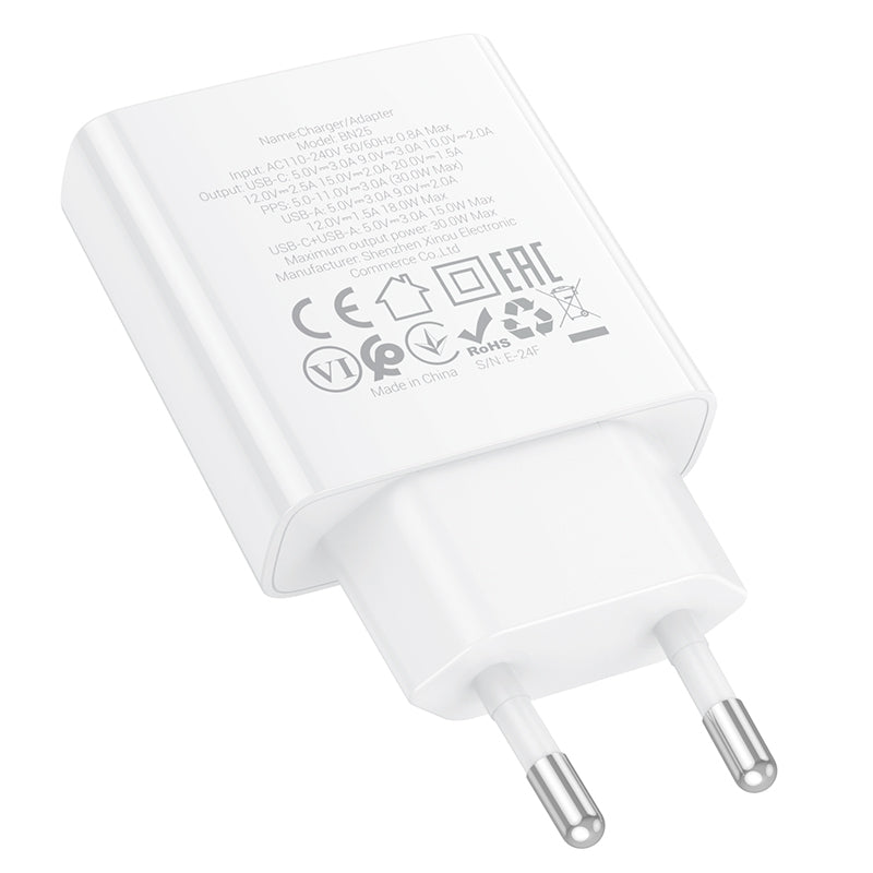Nettverkslader Borofone BN25 Wish, 30W, 3A, 1 x USB-A - 1 x USB-C, hvit