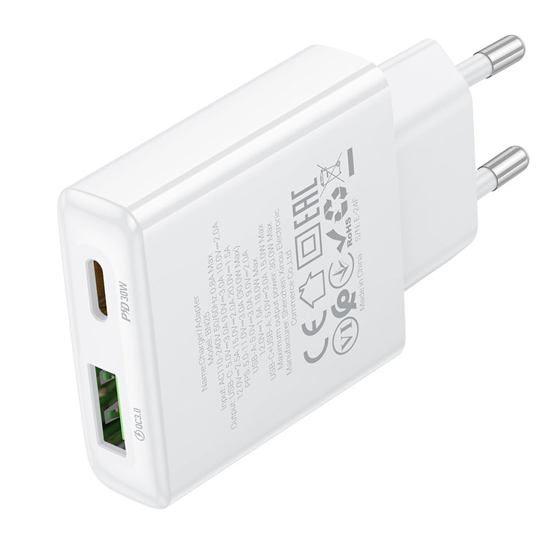 Nettverkslader Borofone BN25 Wish, 30W, 3A, 1 x USB-A - 1 x USB-C, hvit