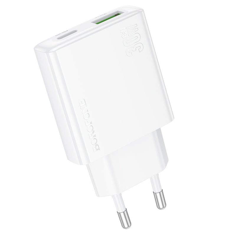 Nettverkslader Borofone BN25 Wish, 30W, 3A, 1 x USB-A - 1 x USB-C, hvit