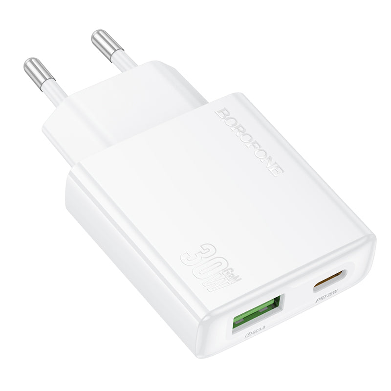 Nettverkslader Borofone BN25 Wish, 30W, 3A, 1 x USB-A - 1 x USB-C, hvit