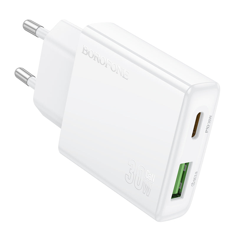 Nettverkslader Borofone BN25 Wish, 30W, 3A, 1 x USB-A - 1 x USB-C, hvit
