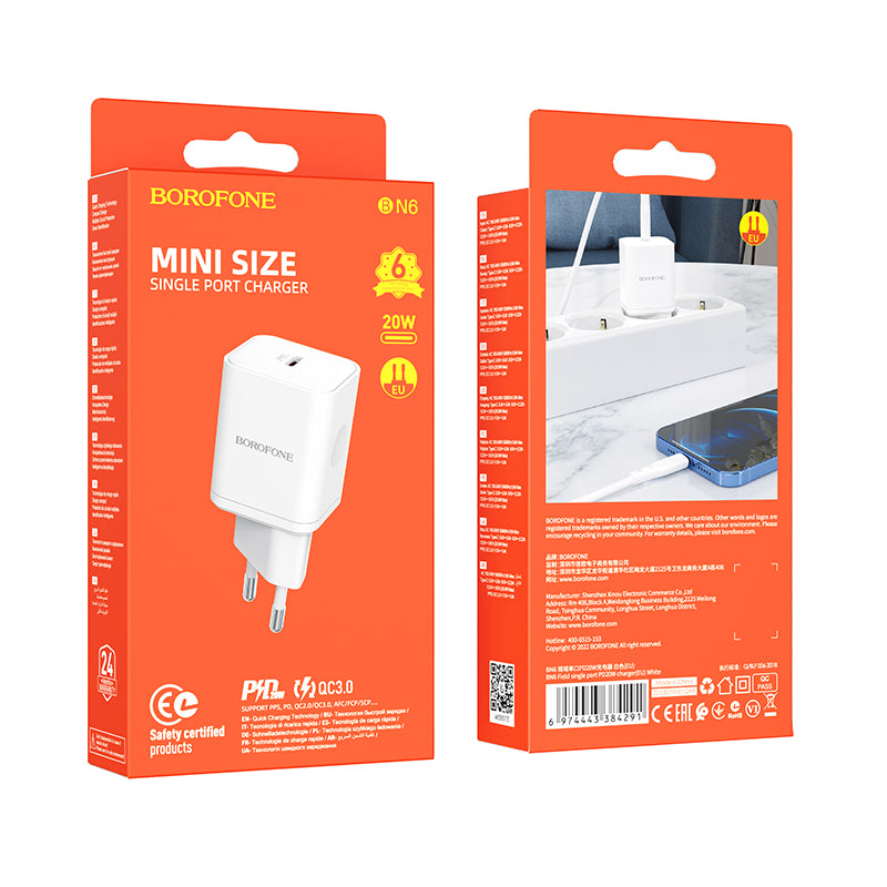 Nettlader Borofone BN6 Field, 20W, 3A, 1 x USB-C, Hvit