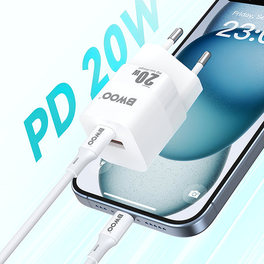 Nettverkslader BWOO BO-CDA156, 20W, 3A, 1 x USB-A - 1 x USB-C, hvit