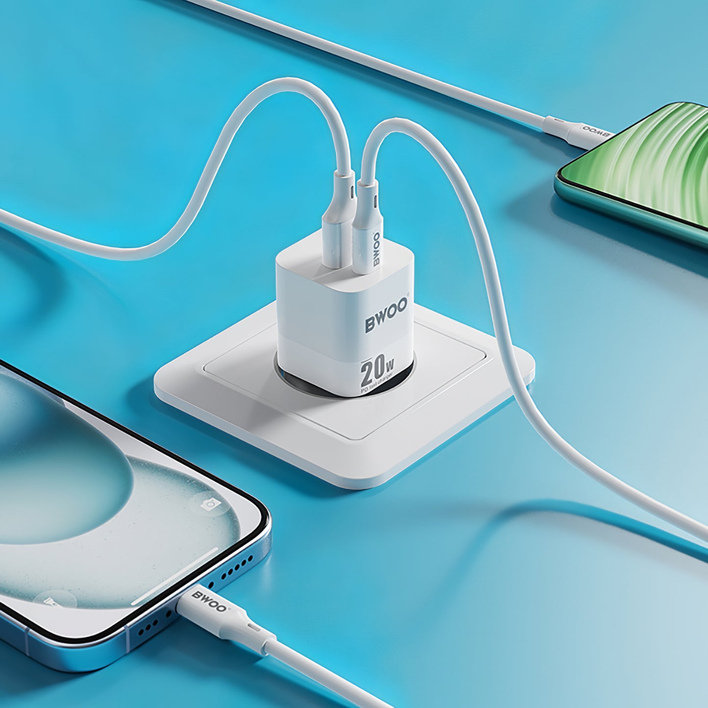 Nettverkslader BWOO BO-CDA156, 20W, 3A, 1 x USB-A - 1 x USB-C, hvit