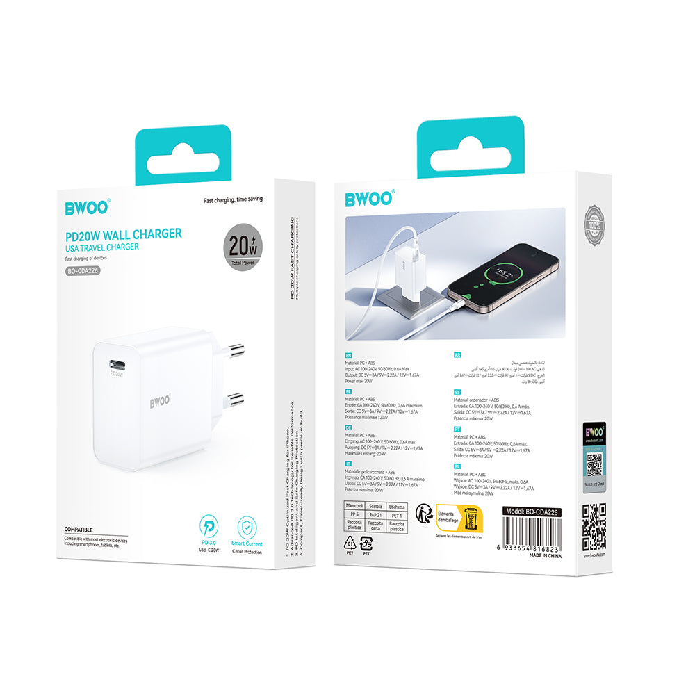 Nettlader BWOO CDA226, 20W, 3A, 1 x USB-C, Hvit
