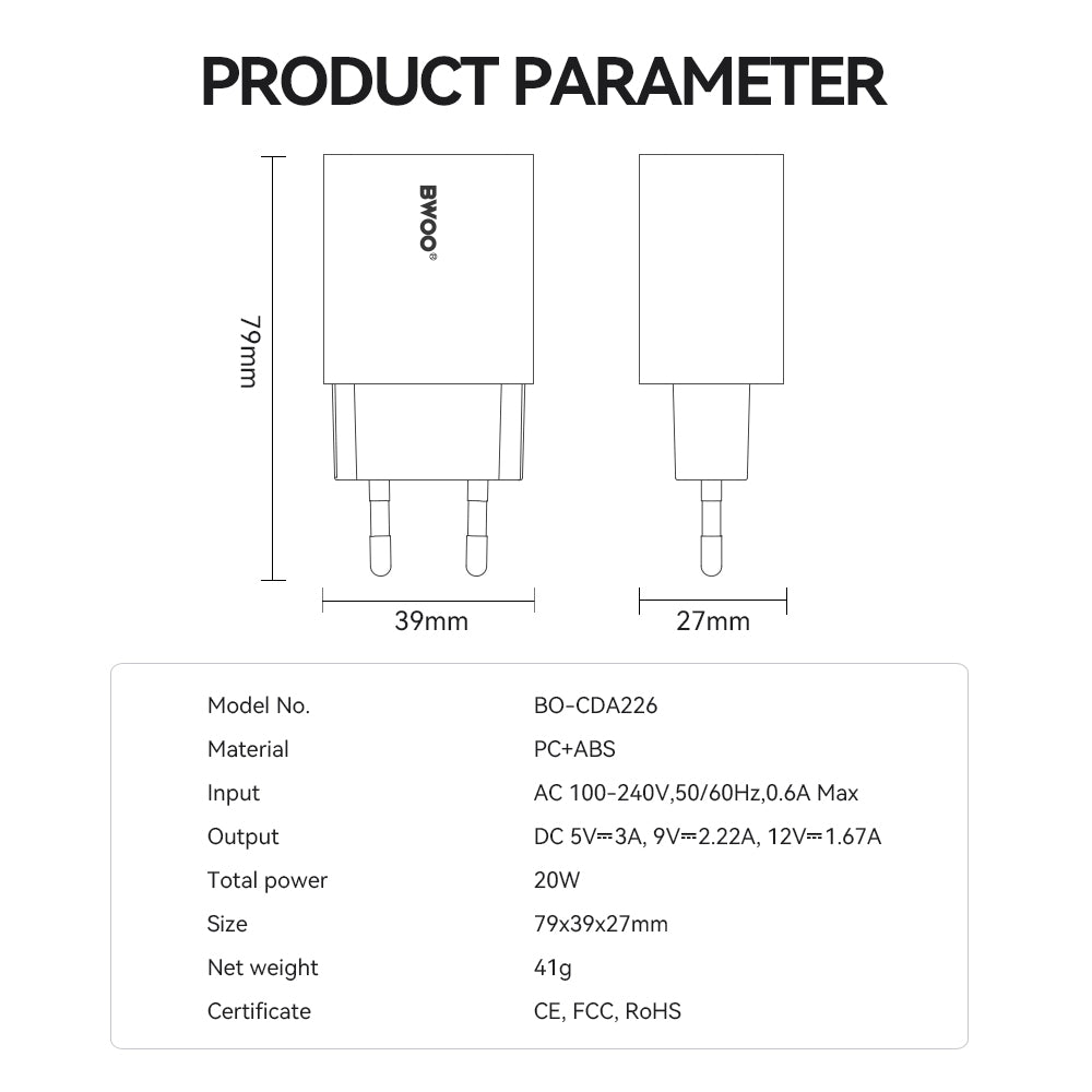 Nettlader BWOO CDA226, 20W, 3A, 1 x USB-C, Hvit