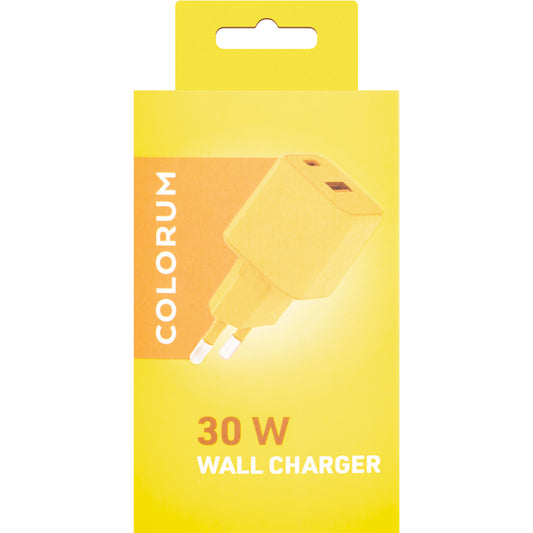 Nettverkslader Colorum CLS30-AC-05, 30W, 3A, 1 x USB-A - 1 x USB-C, Gul