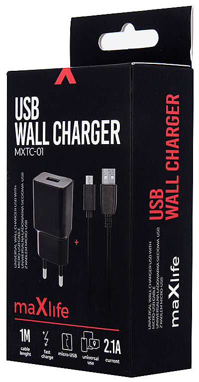 MaXlife MXTC-01 Nettverkslader med microUSB-kabel, 10,5 W, 2,1 A, 1 x USB-A, svart