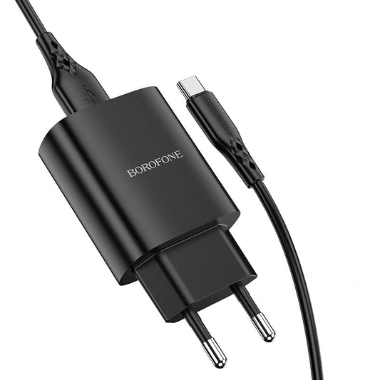 Nettverkslader med USB-C-kabel Borofone BN1, 10W, 2,1A, 1 x USB-A, svart