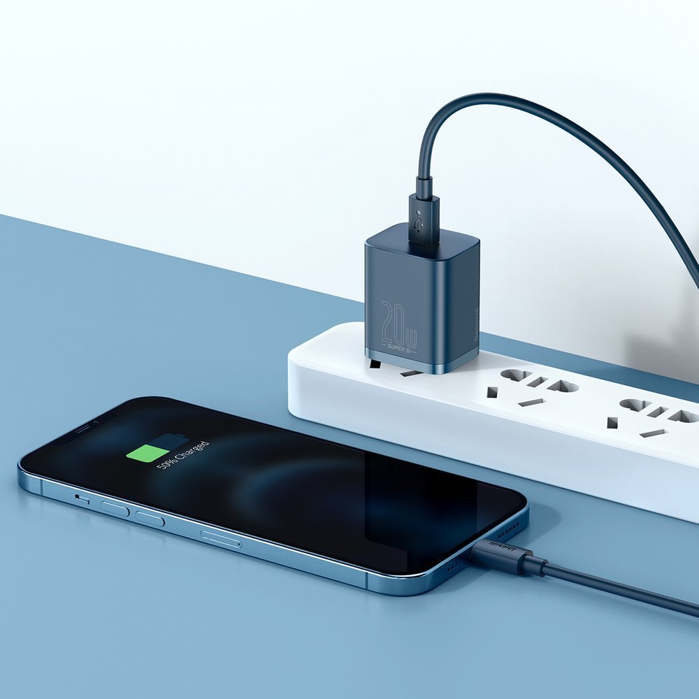 Baseus Super Si nettverkslader med lynkabel, 20 W, 3 A, 1 x USB-C, blå TZCCCSUP-B03