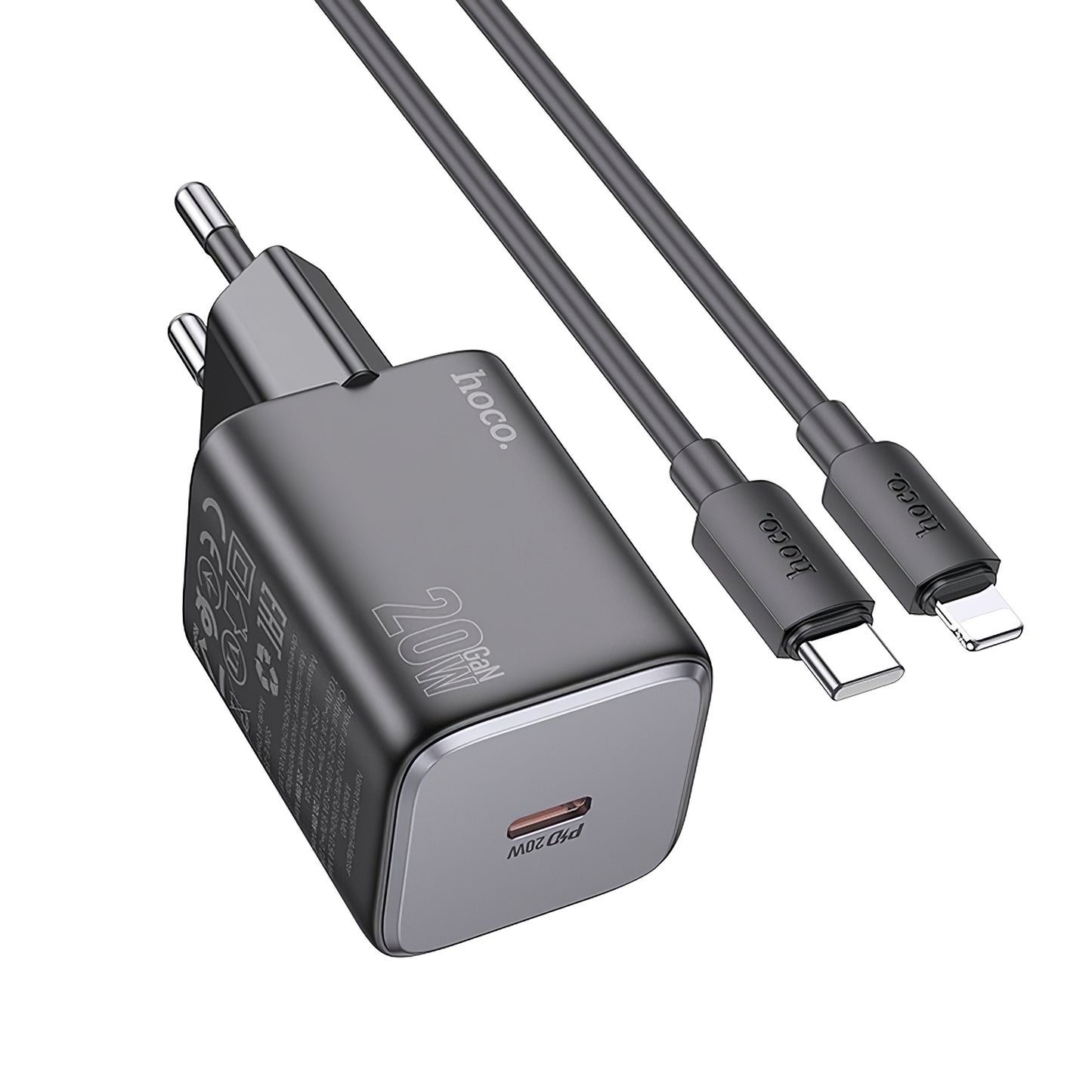 Nettverkslader med lynkabel HOCO N40, 20W, 3A, 1 x USB-C, svart
