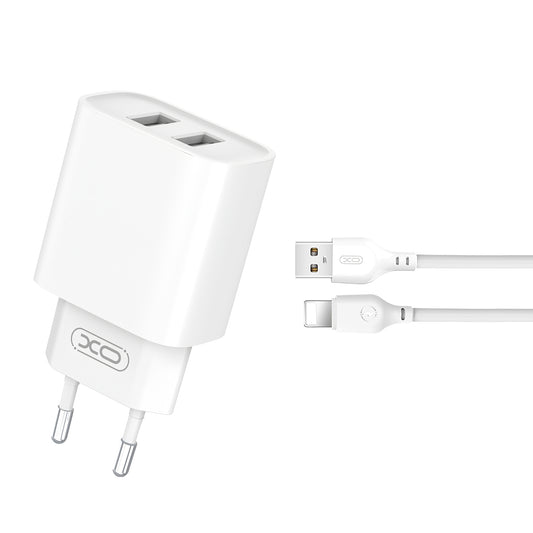 Nettverkslader med lynkabel XO Design CE02C, 10,5 W, 2,1 A, 2 x USB-A, hvit