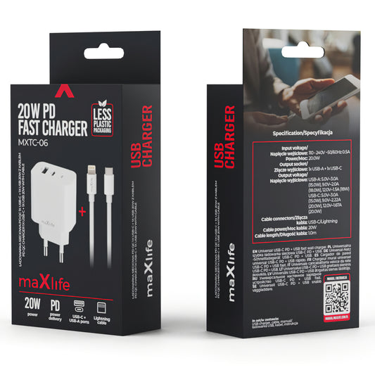 MaXlife MXTC-06-20AC MaXlife MXTC-06-20AC nettverkslader med lynkabel, 20W, 3A, 1 x USB-A - 1 x USB-C, hvit
