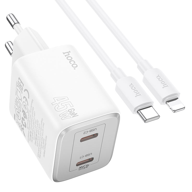 Nettverkslader med lynkabel HOCO N42, 45W, 3A, 2 x USB-C, hvit