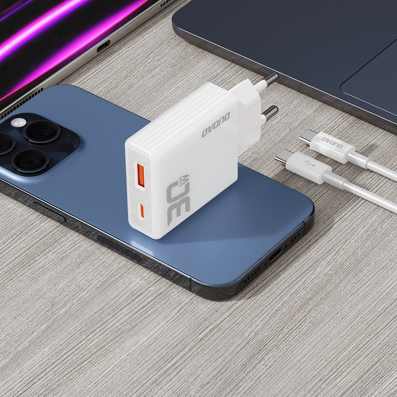 Dudao A30EUT USB-C-nettverkslader med kabel, 30 W, 3A, 1 x USB-A - 1 x USB-C, hvit