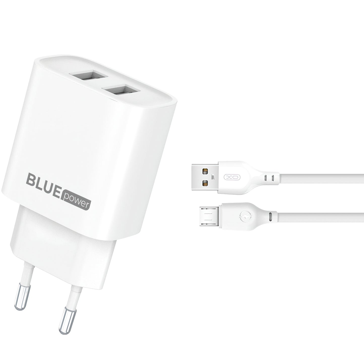 Nettverkslader med microUSB-kabel Blue Power BPCE02M, 10,5 W, 2,1 A, 2 x USB-A, hvit