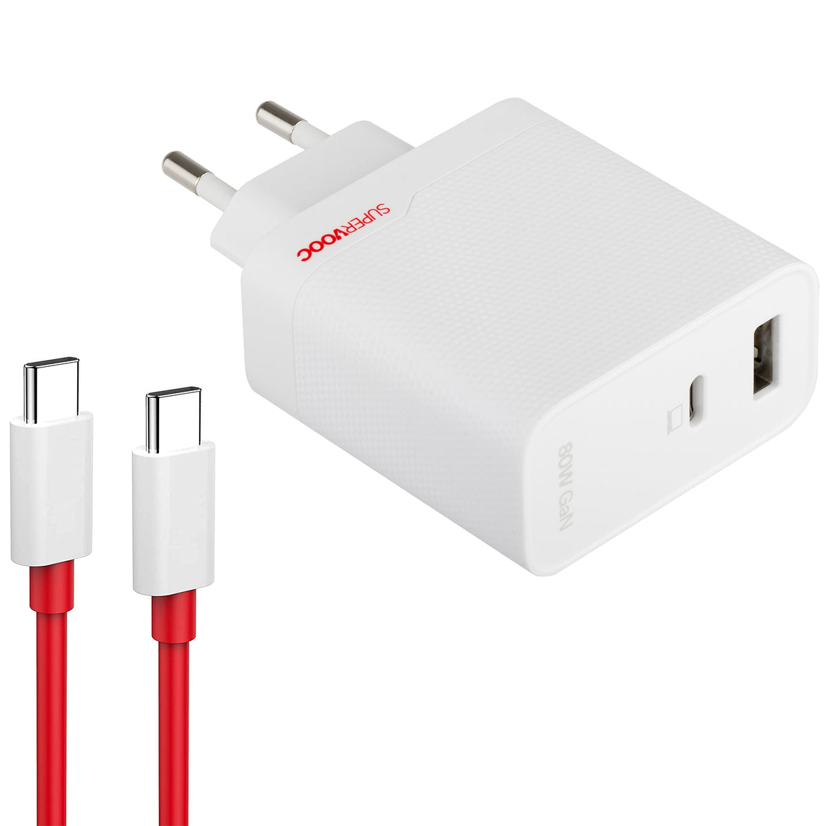 OnePlus nettadapter med USB-C-kabel, 80W, 7,3A, 1 x USB-A - 1 x USB-C, hvit 5461100597