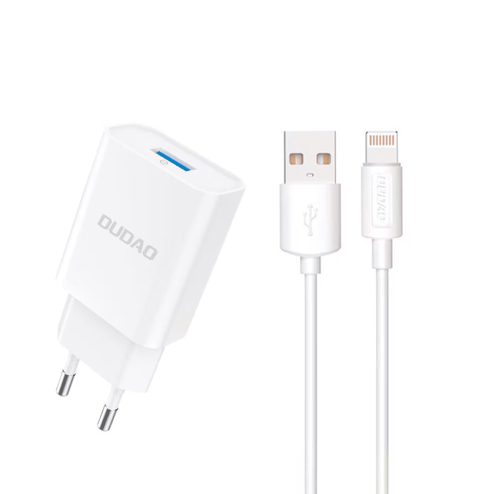 Nettlader med Lightning-kabel Dudao A4EU, 10W, 2.1A, 1 x USB-A, Hvit