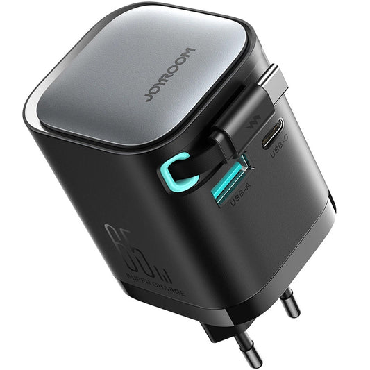 Joyroom JR-TCL02 USB-C nettverkslader med kabel, 65W, 3A, 1 x USB-A - 1 x USB-C, svart