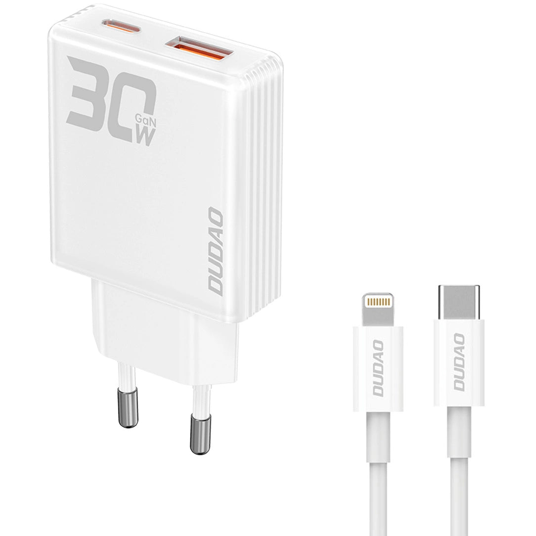 Nettverkslader med lynkabel Dudao A30EUL, 30 W, 3 A, 1 x USB-A - 1 x USB-C, hvit
