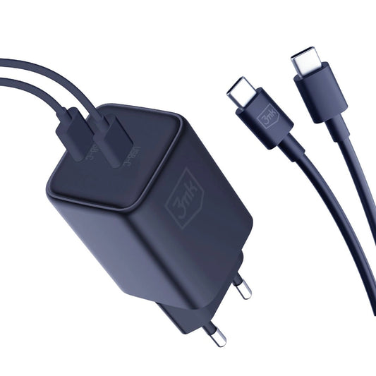 3MK HyperCharger USB-C nettverkslader med kabel, 45W, 3A, 2 x USB-C, svart