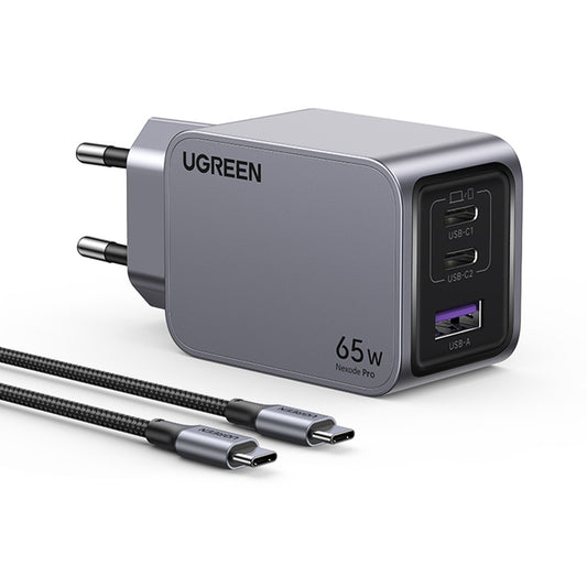 Nettlader med USB-C-kabel UGREEN X755 Nexode Pro, 65W, 3A, 1 x USB-A - 2 x USB-C, Grå