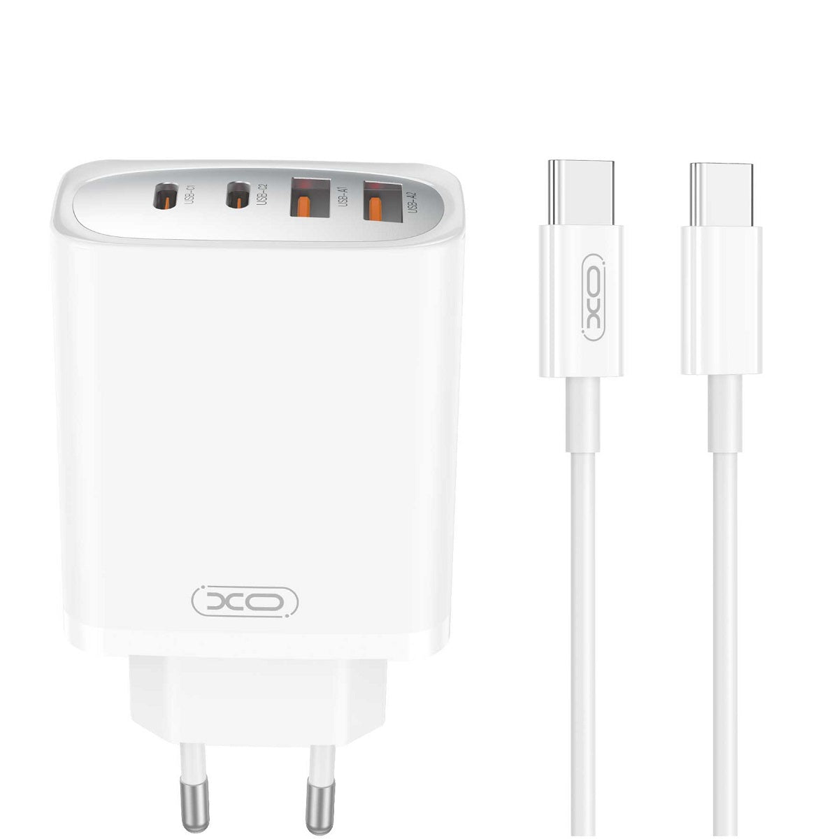 Nettlader med USB-C-kabel XO Design CE22, 45W, 3A, 2 x USB-A - 2 x USB-C, Hvit