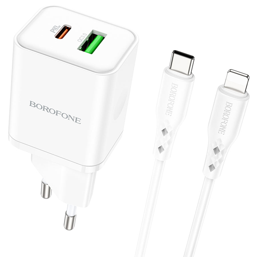 Nettlader med Lightning-kabel Borofone BN7, 20W, 3A, 1 x USB-A - 1 x USB-C, Hvit