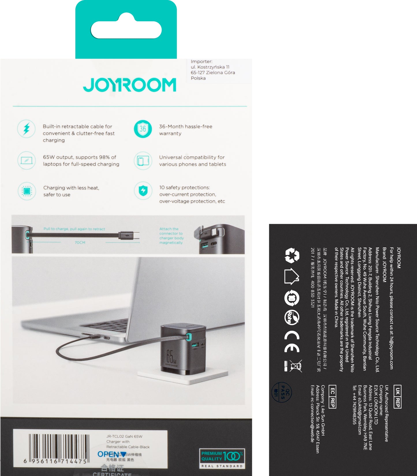 Joyroom JR-TCL02 USB-C nettverkslader med kabel, 65W, 3A, 1 x USB-A - 1 x USB-C, svart