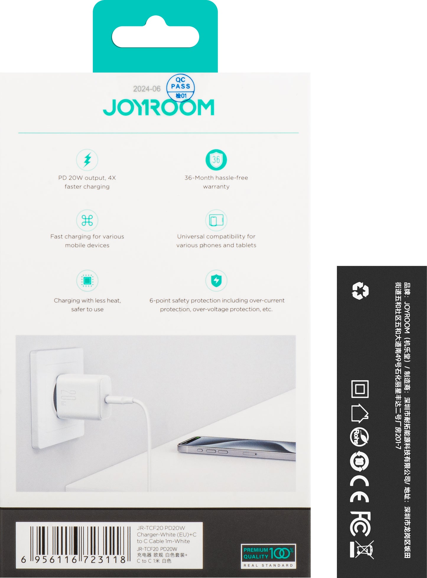 Nettlader med USB-C-kabel Joyroom JR-TCF20, 20W, 3A, 1 x USB-C, Hvit