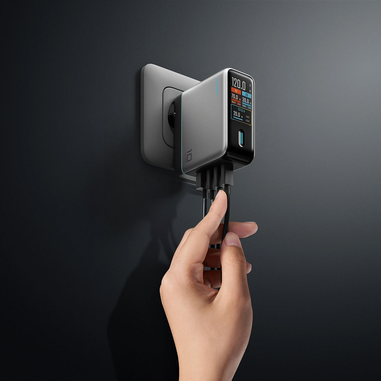 Nettlader med USB-C-kabel Cuktech AD1204U Display, 120W, 6A, 1 x USB-A - 2 x USB-C, Sølv