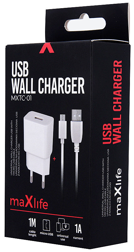 MaXlife MXTC-01, 5W, 1A, 1 x USB-A, MaXlife MXTC-01 nettverkslader med microUSB-kabel, hvit