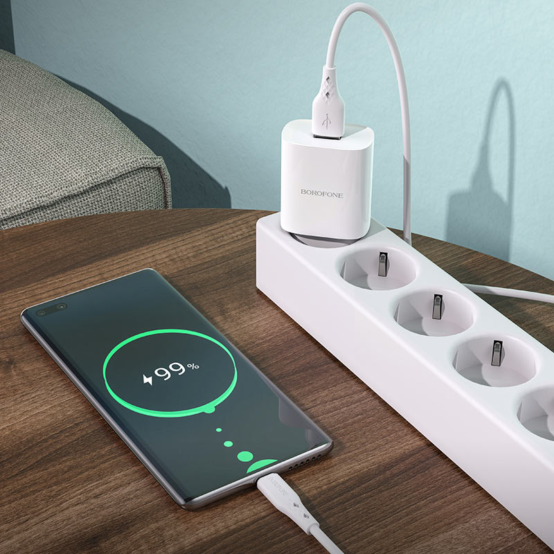 Nettverkslader med USB-C-kabel Borofone BN1, 10W, 2,1A, 1 x USB-A, hvit