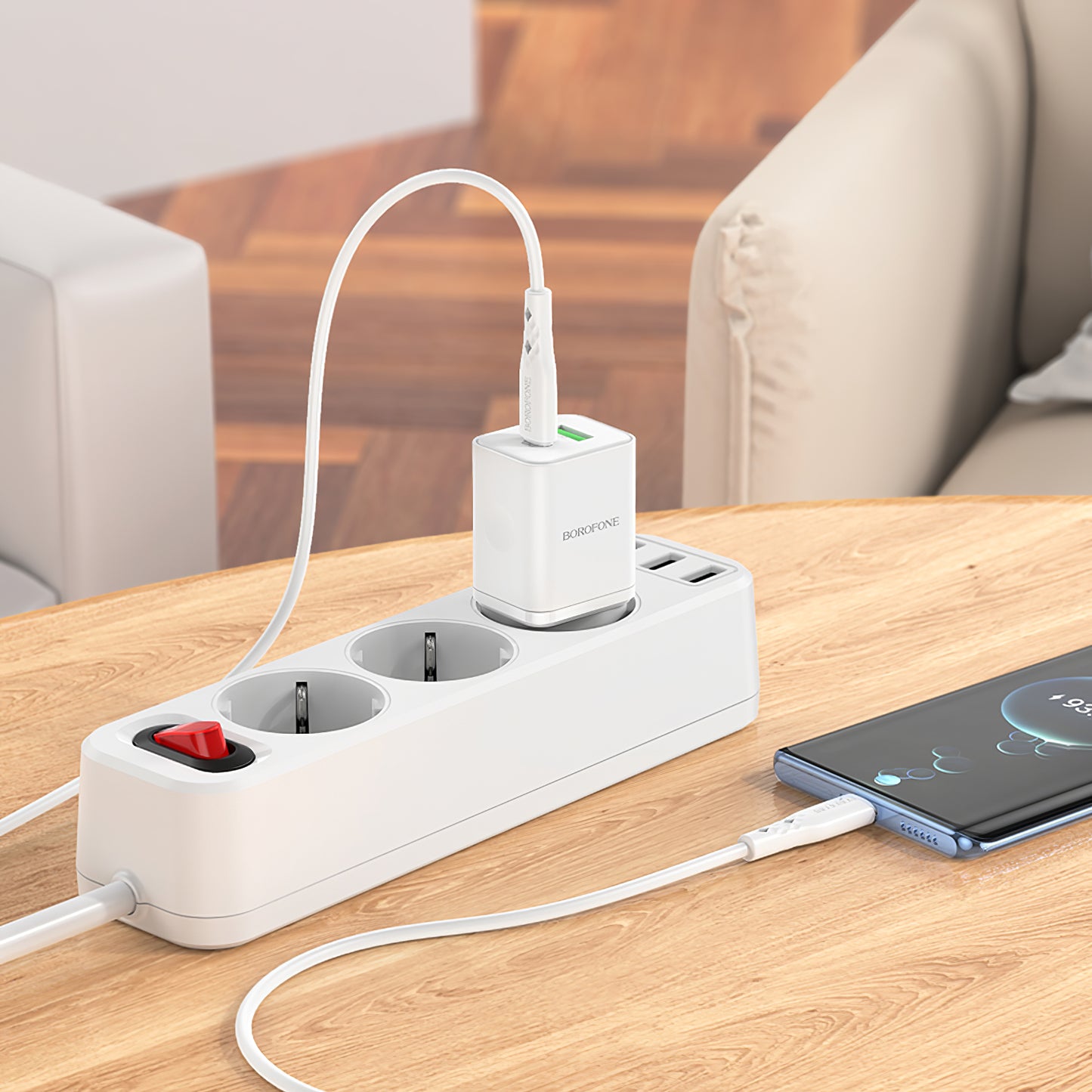 Nettverkslader med USB-C-kabel USB-C Borofone BN7, 20W, 3A, 1 x USB-A - 1 x USB-C, hvit