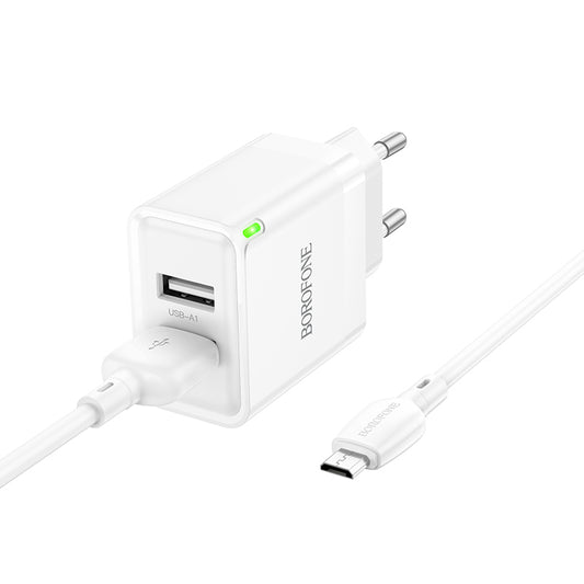 Nettverkslader med microUSB-kabel Borofone BN15 Strong, 10,5 W, 2,1 A, 2 x USB-A, hvit