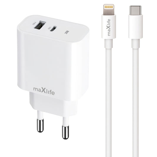 MaXlife MXTC-06-20AC MaXlife MXTC-06-20AC nettverkslader med lynkabel, 20W, 3A, 1 x USB-A - 1 x USB-C, hvit