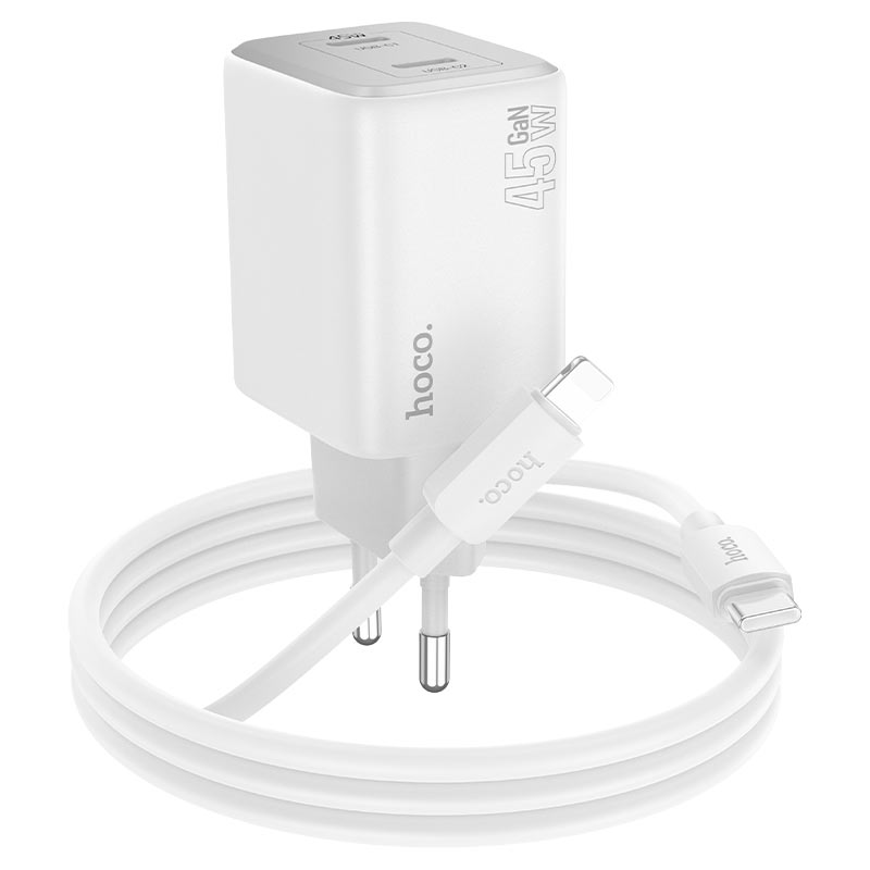 Nettverkslader med lynkabel HOCO N42, 45W, 3A, 2 x USB-C, hvit