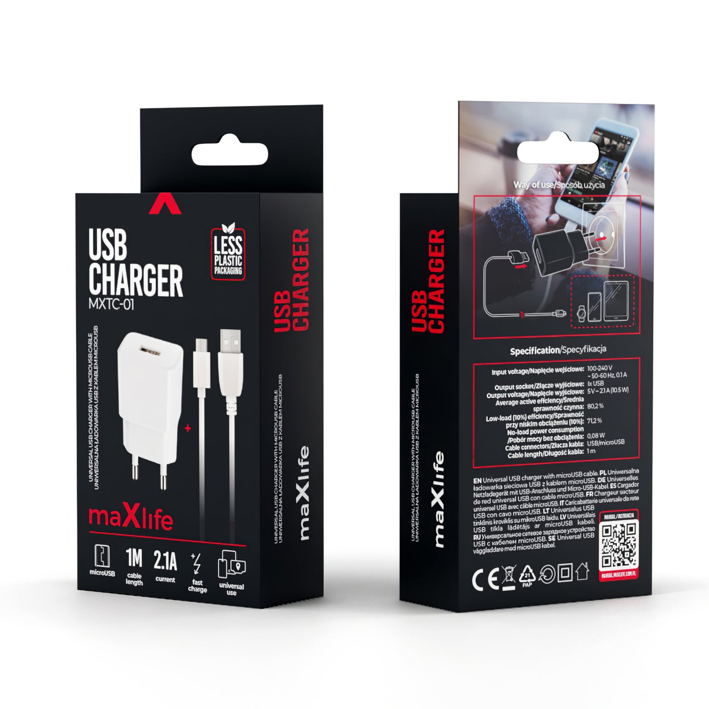 MaXlife MXTC-01 Nettverkslader med microUSB-kabel, 10,5 W, 2,1 A, 1 x USB-A, hvit