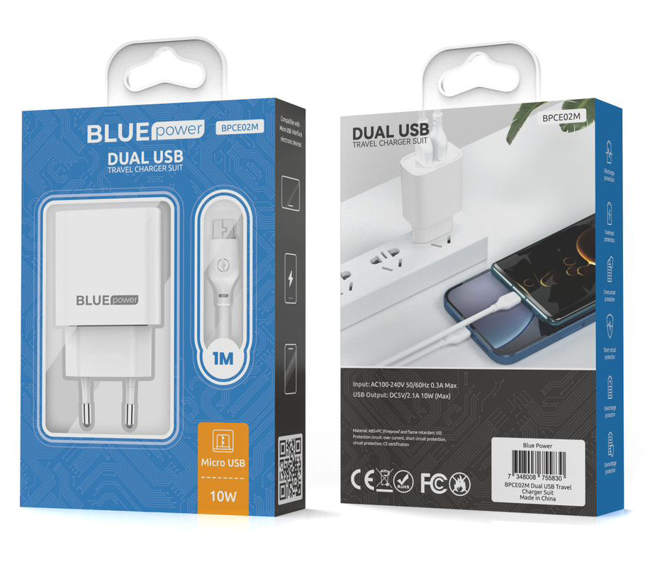 Nettverkslader med microUSB-kabel Blue Power BPCE02M, 10,5 W, 2,1 A, 2 x USB-A, hvit
