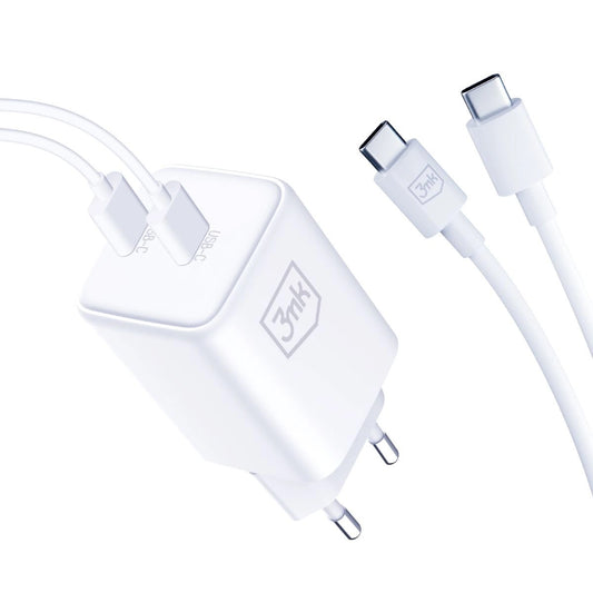 3MK HyperCharger USB-C nettverkslader med kabel, 45W, 3A, 2 x USB-C, hvit