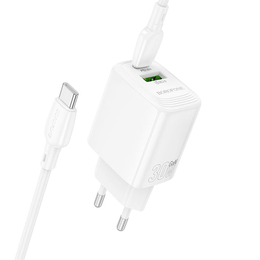 Nettlader med USB-C-kabel Borofone BN29 Fuente, 30W, 3A, 1 x USB-A - 1 x USB-C, Hvit