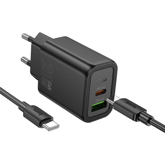 Nettlader med Lightning-kabel HOCO N61, 20W, 3A, 1 x USB-A - 1 x USB-C, Svart